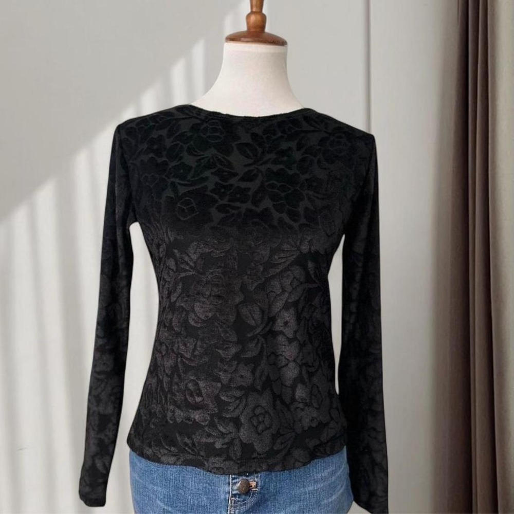 Mizrak Womens Black Floral Burnout Velvet Long‎ Sleeve Crew Neck Top Made in USA